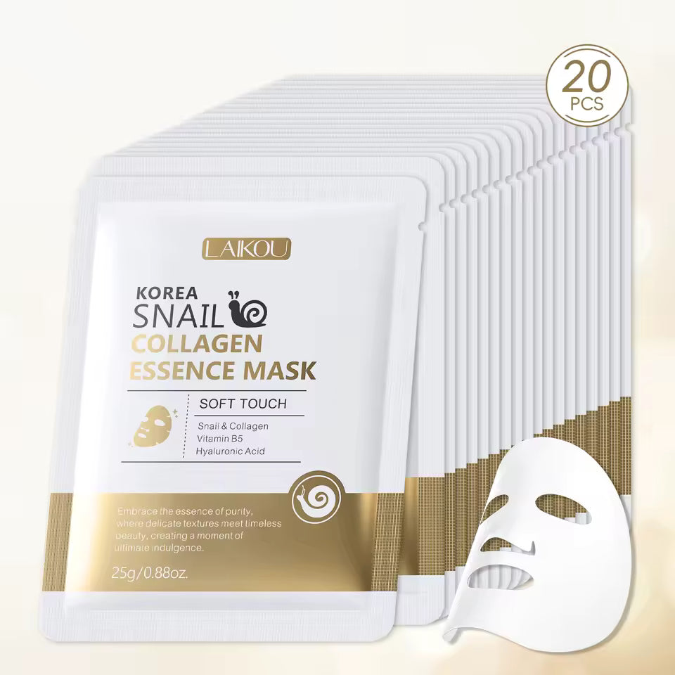 Pack of Laikou Korea Snail Collagen Essence Mask with a single mask displayed in front on a light background.