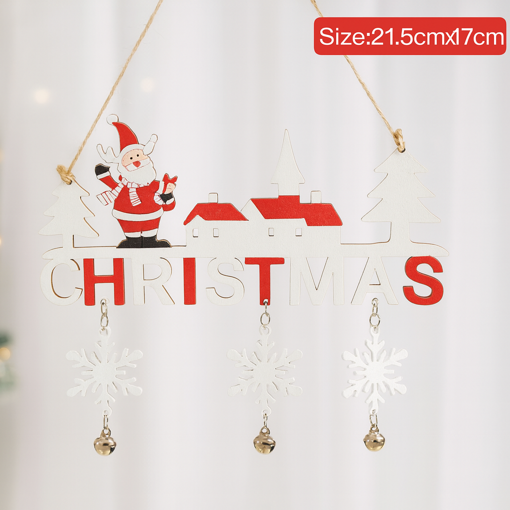 Wooden Hanging “CHRISTMAS” Decor – Santa & Snowflake Design (21.5×17cm)