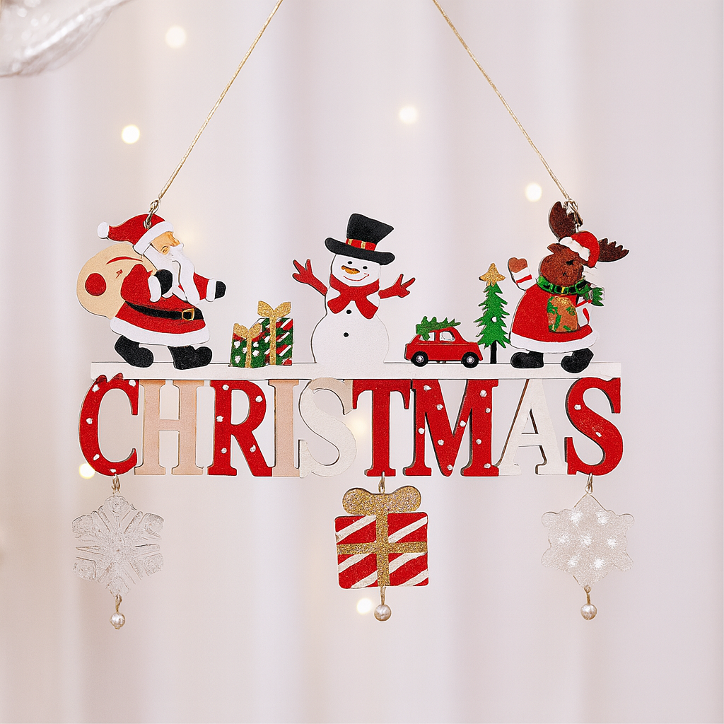 Wooden Hanging “CHRISTMAS” Decor – Santa & Snowflake Design (21.5×17cm)