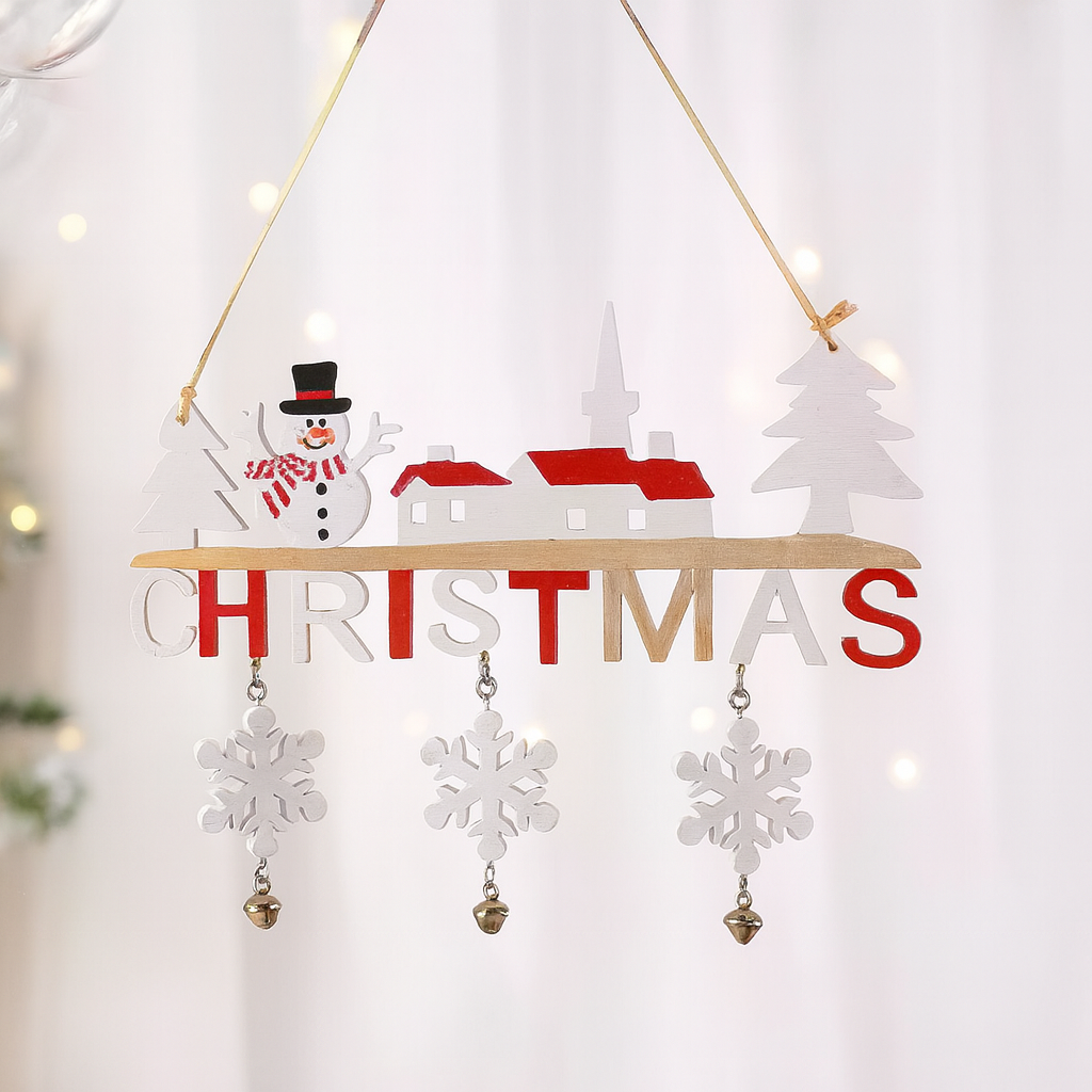 Wooden Hanging “CHRISTMAS” Decor – Santa & Snowflake Design (21.5×17cm)