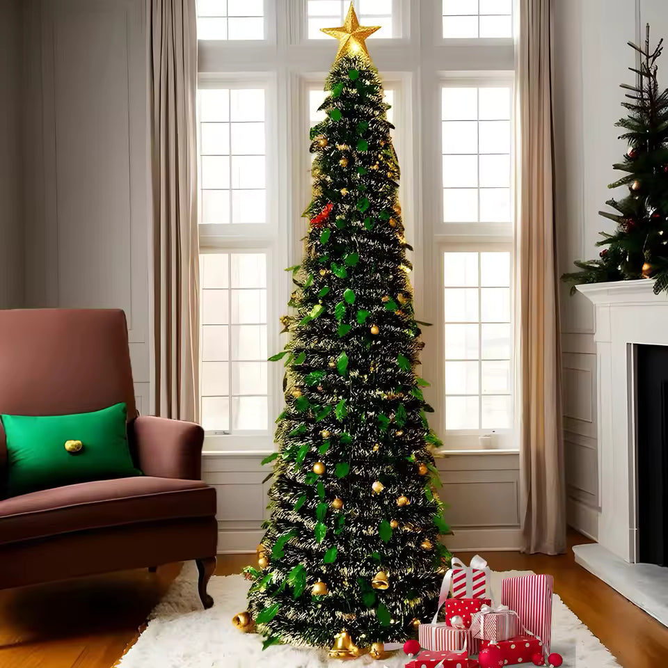 Slim Tall Artificial Christmas Tree – Pre-Lit Look, Classic Green Holiday Decoration