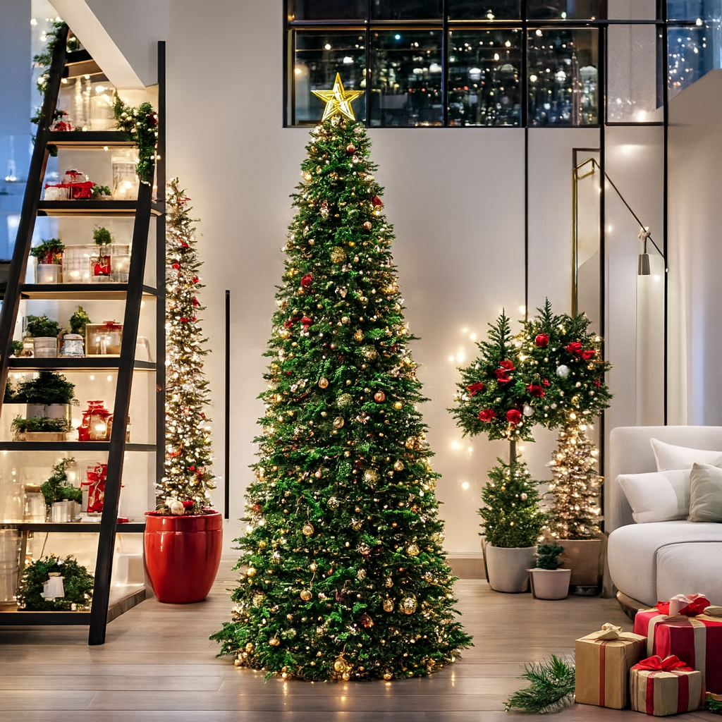 Slim Tall Artificial Christmas Tree – Pre-Lit Look, Classic Green Holiday Decoration