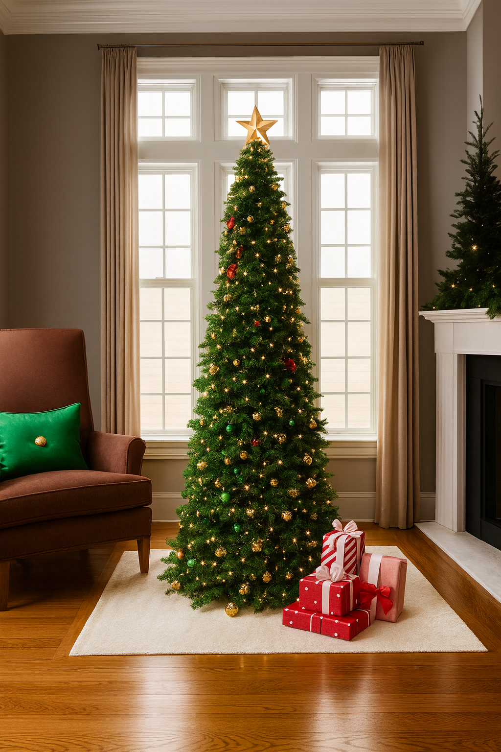 Slim Tall Artificial Christmas Tree – Pre-Lit Look, Classic Green Holiday Decoration