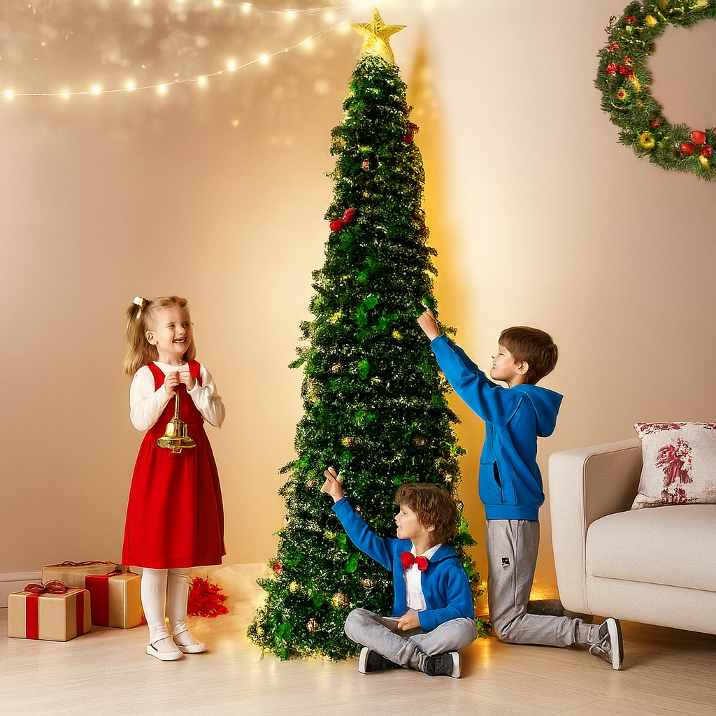 Slim Tall Artificial Christmas Tree – Pre-Lit Look, Classic Green Holiday Decoration